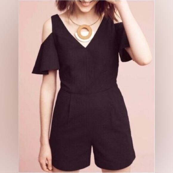 Anthropologie Pants - Anthropologie Elevenses Black V-Neck Flutter Sleeves Cold Shoulder Romper Size 6